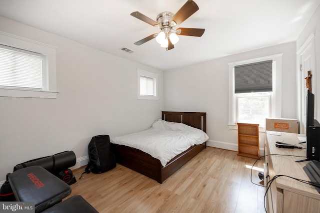 bedroom with ceiling fan and light hardwood / wood-style floors