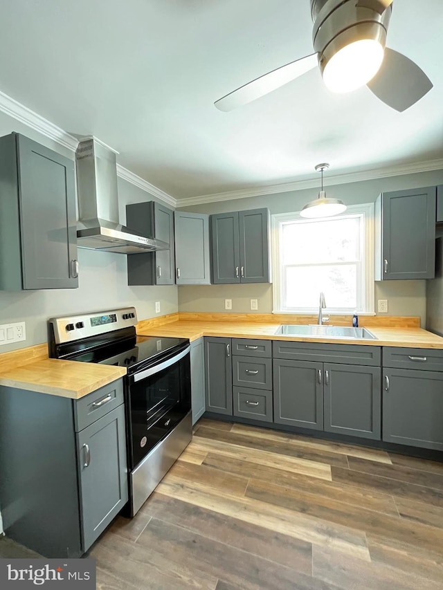 kitchen with wall chimney exhaust hood, sink, dark hardwood / wood-style floors, ornamental molding, and stainless steel electric range oven