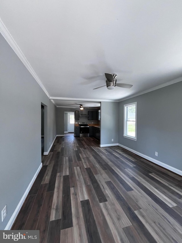 unfurnished living room featuring ceiling fan, dark hardwood / wood-style floors, and crown molding