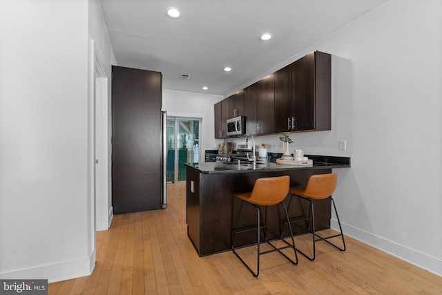 kitchen featuring kitchen peninsula, dark brown cabinets, stainless steel appliances, and light hardwood / wood-style floors