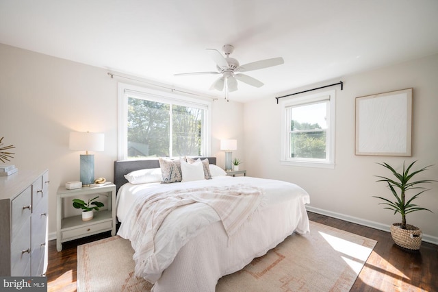 bedroom featuring ceiling fan and dark wood-type flooring