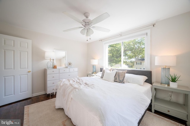 bedroom featuring ceiling fan and dark hardwood / wood-style flooring