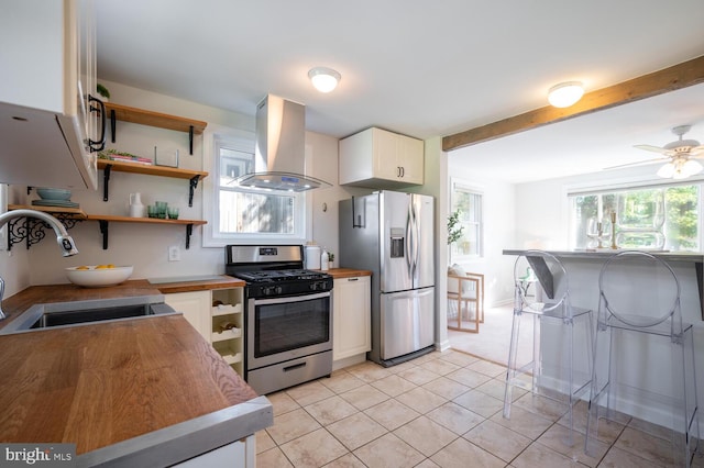 kitchen with appliances with stainless steel finishes, island range hood, ceiling fan, sink, and butcher block counters