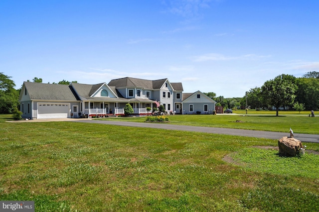 view of front of home with a garage, a porch, and a front yard