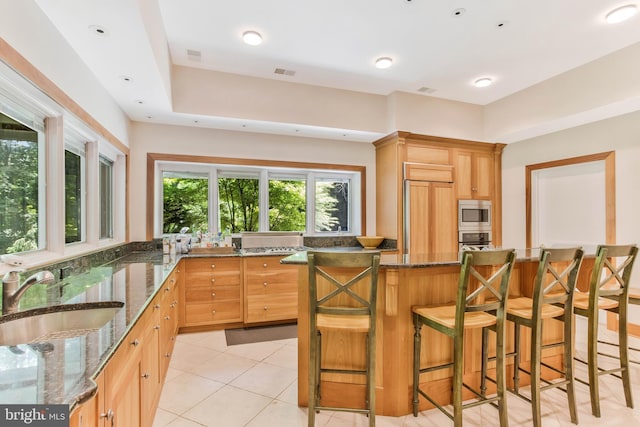 kitchen with dark stone counters, light tile patterned flooring, a sink, built in appliances, and a kitchen bar