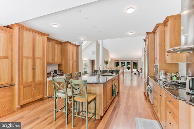 kitchen featuring ventilation hood, light wood finished floors, lofted ceiling, a sink, and a kitchen bar