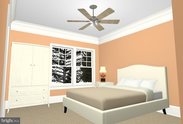 bedroom with carpet flooring, ceiling fan, and ornamental molding