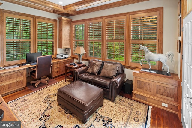 office featuring built in desk, beam ceiling, dark hardwood / wood-style flooring, and coffered ceiling