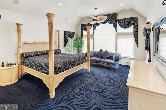 carpeted bedroom featuring vaulted ceiling