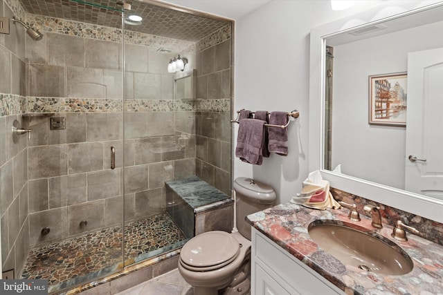 bathroom with vanity, toilet, and an enclosed shower