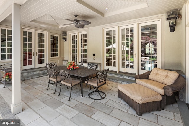 view of patio / terrace featuring ceiling fan and french doors