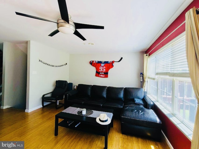 living room with hardwood / wood-style floors and ceiling fan