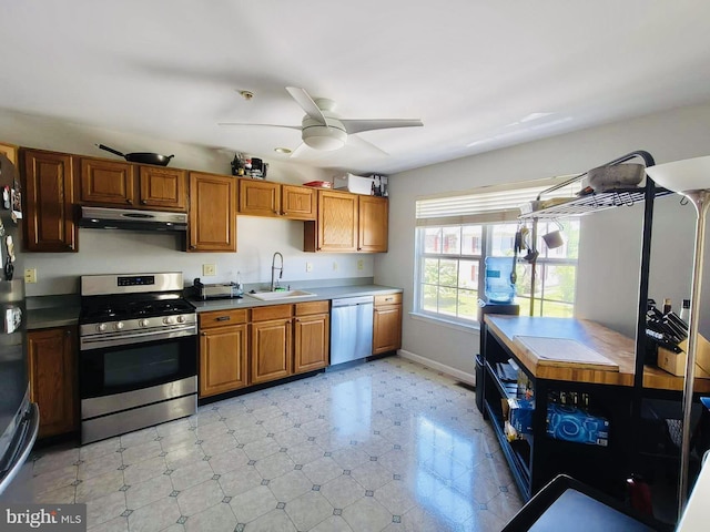 kitchen featuring ceiling fan, sink, and appliances with stainless steel finishes