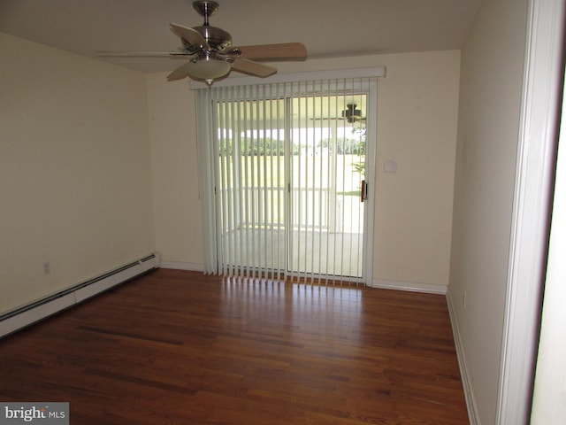 unfurnished room featuring dark hardwood / wood-style flooring, a baseboard radiator, and ceiling fan