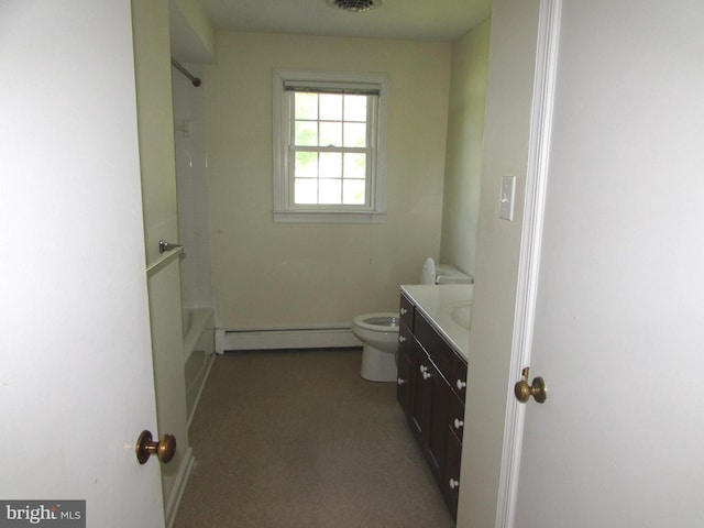 bathroom featuring vanity, a baseboard radiator, and toilet