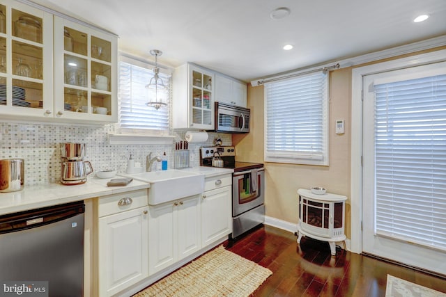 kitchen with dark wood-type flooring, plenty of natural light, pendant lighting, and appliances with stainless steel finishes