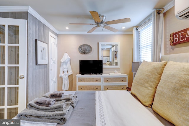 bedroom with wooden walls, a wall mounted AC, crown molding, and ceiling fan