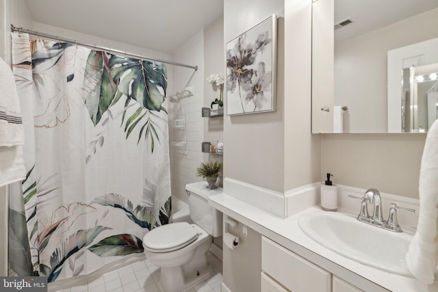 full bathroom with tile patterned flooring, vanity, toilet, and shower / bathtub combination with curtain