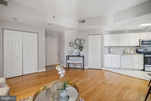 living room featuring light hardwood / wood-style floors and sink