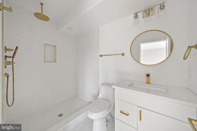 bathroom featuring walk in shower, tile patterned floors, vanity, and toilet