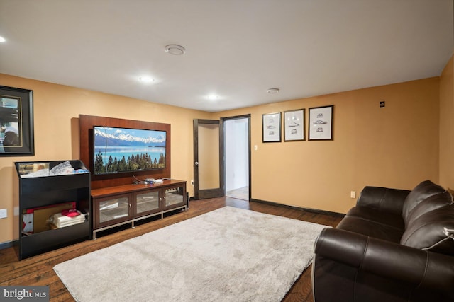 living room with dark hardwood / wood-style floors