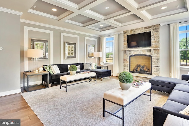 living room with a stone fireplace, ornamental molding, a healthy amount of sunlight, and hardwood / wood-style flooring