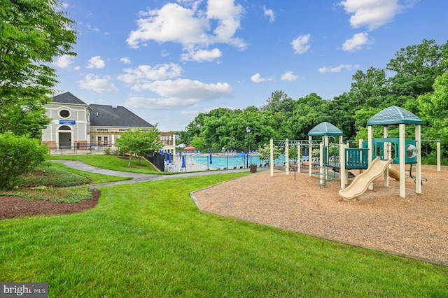 view of jungle gym with a yard