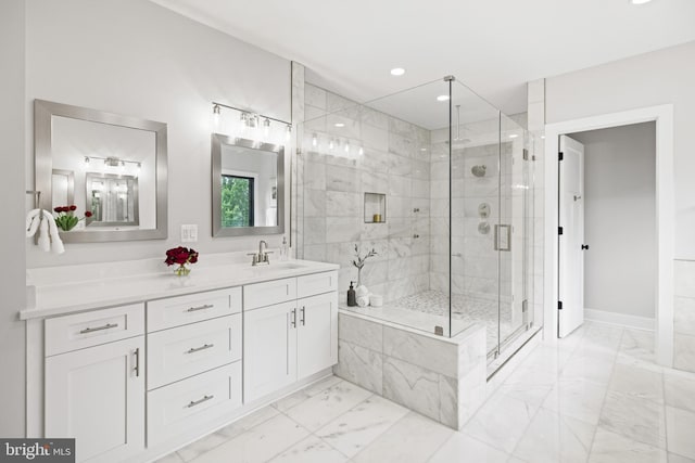 bathroom with a stall shower, baseboards, marble finish floor, vanity, and recessed lighting