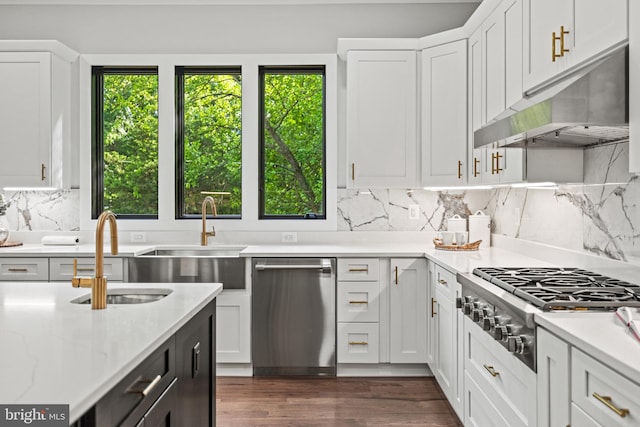 kitchen with white cabinets, dark wood-style floors, stainless steel appliances, under cabinet range hood, and a sink