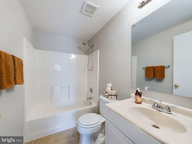 full bathroom with toilet, vanity, shower / bathtub combination, and tile patterned floors