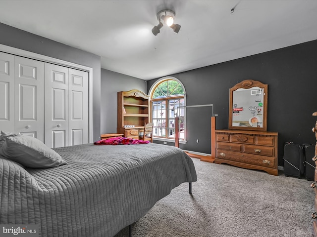 bedroom featuring carpet, ceiling fan, and a closet