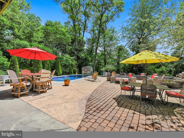 view of patio / terrace featuring a shed