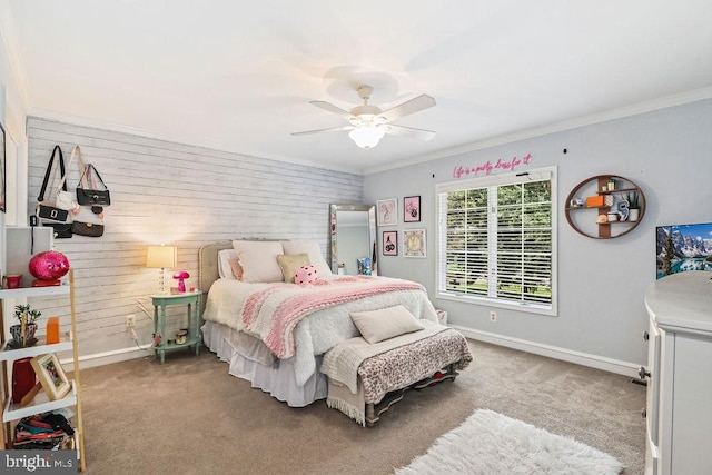 bedroom featuring carpet, ceiling fan, and ornamental molding