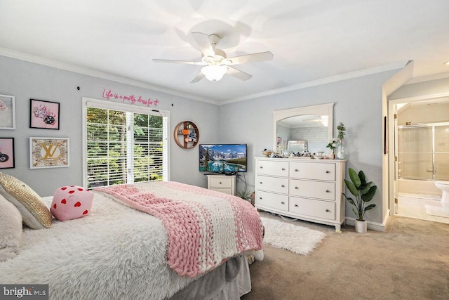 bedroom with ensuite bath, ceiling fan, carpet floors, and ornamental molding