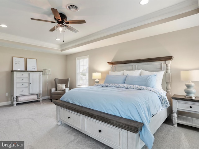 bedroom featuring light carpet, ceiling fan, and ornamental molding