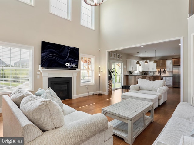 living room featuring wood-type flooring and a high ceiling