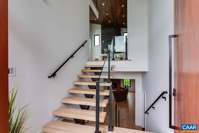 225 Cherry Ridge Ln, Lexington, VA 24450 - stairs featuring hardwood / wood-style floors and a towering ceiling