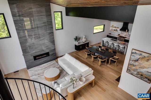 225 Cherry Ridge Ln, Lexington, VA 24450 - living room featuring light hardwood / wood-style floors, lofted ceiling, wood ceiling, and a tiled fireplace