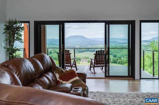 225 Cherry Ridge Ln, Lexington, VA 24450 - living room featuring a mountain view, wood-type flooring, and a wealth of natural light