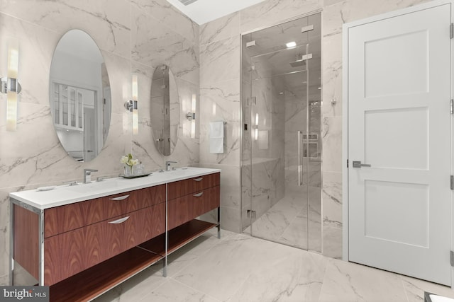 bathroom featuring vanity, tile walls, and a shower with shower door