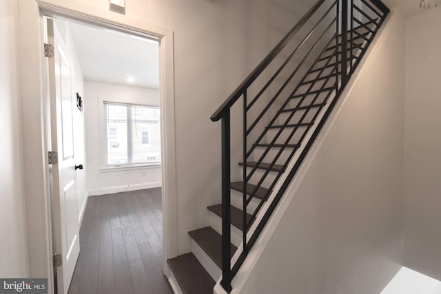 stairway with hardwood / wood-style floors