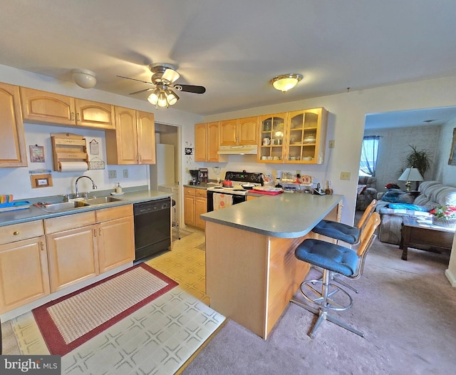 kitchen featuring dishwasher, sink, white range with electric stovetop, light brown cabinetry, and a breakfast bar