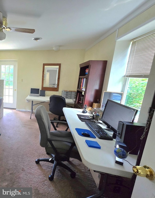 office space with carpet floors and ceiling fan