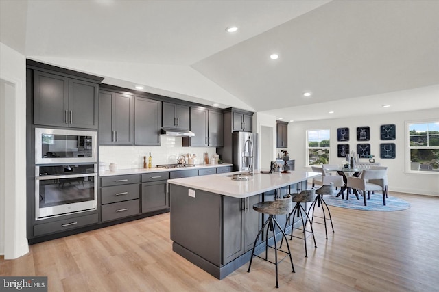 kitchen featuring a center island with sink, plenty of natural light, lofted ceiling, and appliances with stainless steel finishes