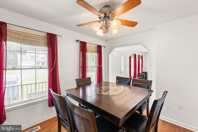 dining room with ceiling fan and wood-type flooring