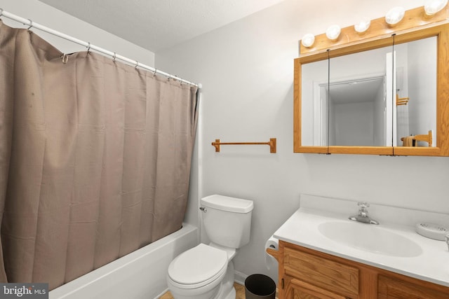 full bathroom with a textured ceiling, vanity, toilet, and shower / tub combo with curtain