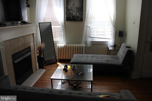 living room featuring radiator, a tile fireplace, and hardwood / wood-style flooring