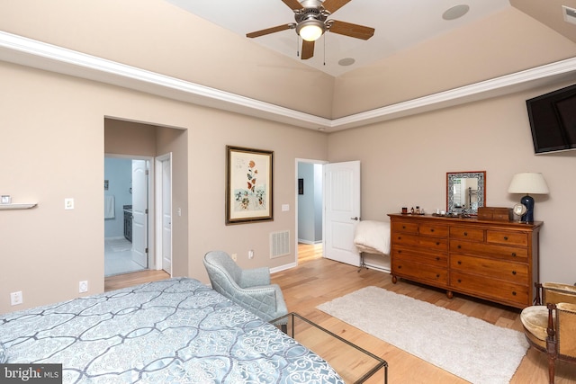 bedroom with ceiling fan and light wood-type flooring