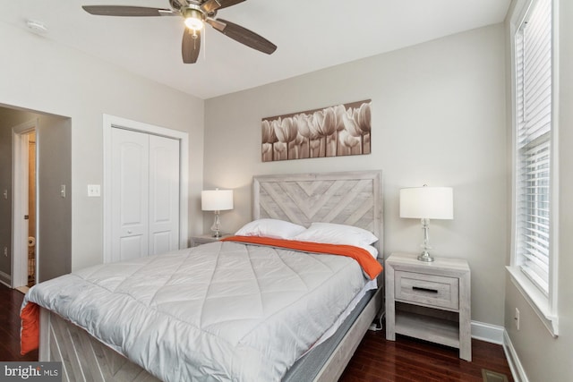 bedroom featuring multiple windows, a closet, dark wood-type flooring, and ceiling fan