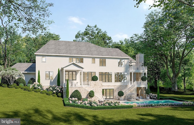 913 Whann Ave, Mclean, VA 22101 - rear view of property featuring a balcony, stucco siding, stone siding, and a lawn